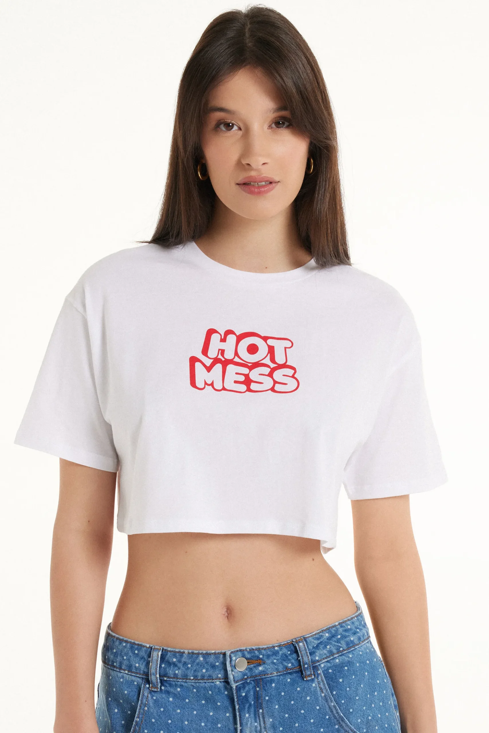 Boxy Crewneck Cropped Cotton T-Shirt - Short-Sleeved Tops - Women | Tezenis
