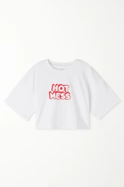 Boxy Crewneck Cropped Cotton T-Shirt - Short-Sleeved Tops - Women | Tezenis