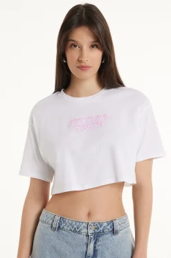 Boxy Crewneck Cropped Cotton T-Shirt - Short-Sleeved Tops - Women | Tezenis