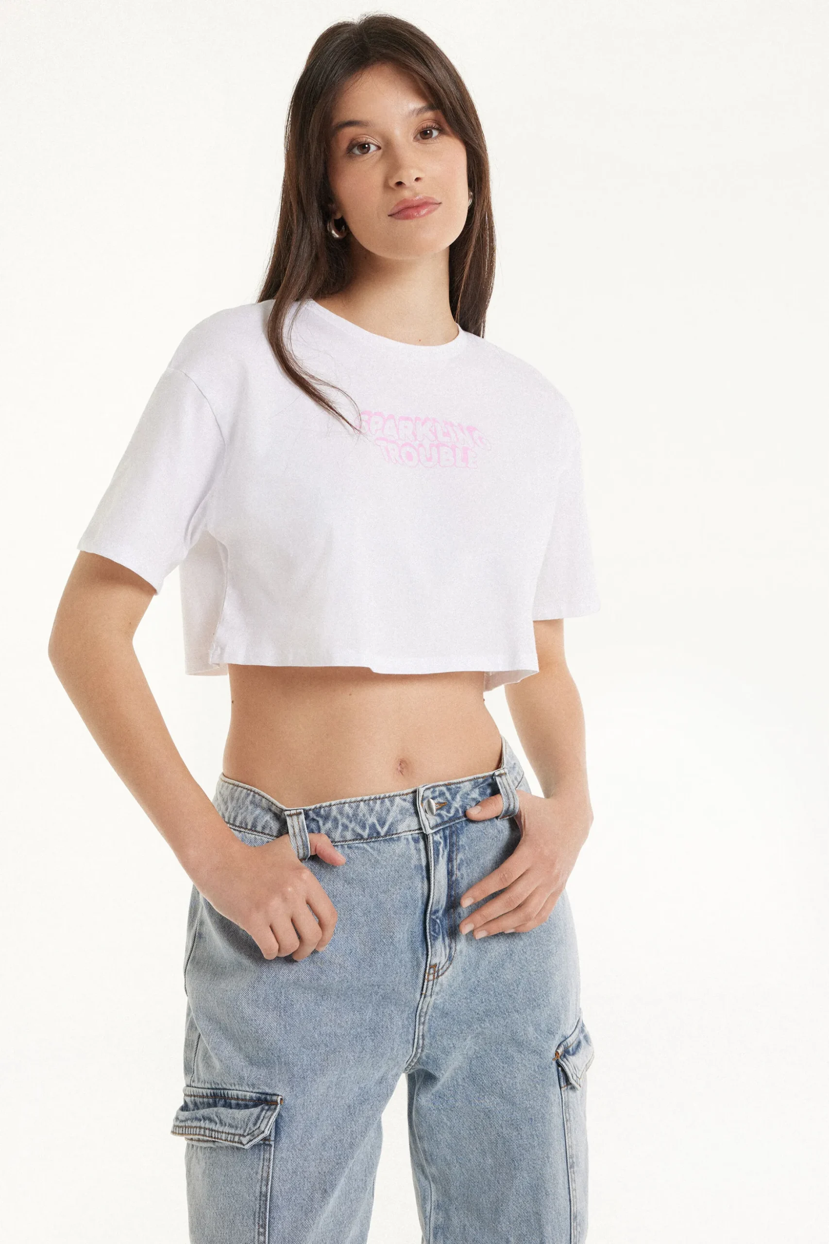 Boxy Crewneck Cropped Cotton T-Shirt - Short-Sleeved Tops - Women | Tezenis
