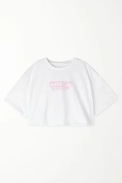 Boxy Crewneck Cropped Cotton T-Shirt - Short-Sleeved Tops - Women | Tezenis