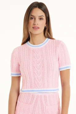 Cable Knit Fabric Short Sleeve Cropped Top - Short-Sleeved Tops - Women | Tezenis