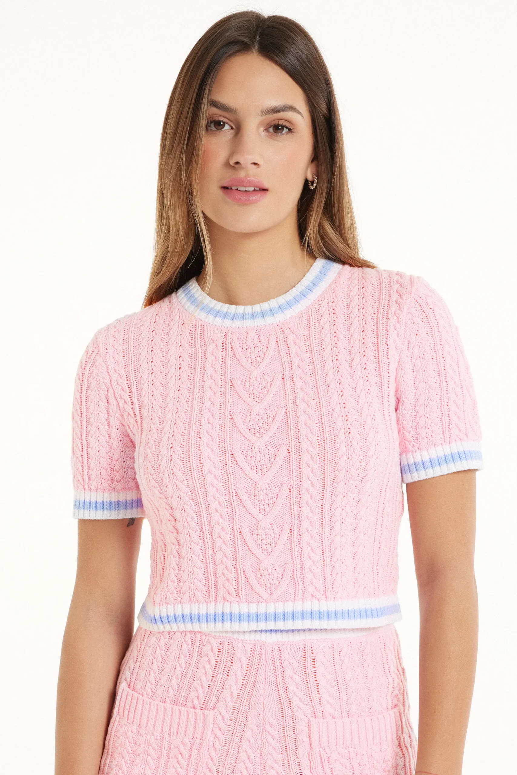 Cable Knit Fabric Short Sleeve Cropped Top - Short-Sleeved Tops - Women | Tezenis