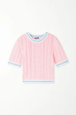 Cable Knit Fabric Short Sleeve Cropped Top - Short-Sleeved Tops - Women | Tezenis