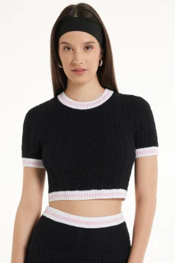 Cable Knit Fabric Short Sleeve Cropped Top - Short-Sleeved Tops - Women | Tezenis