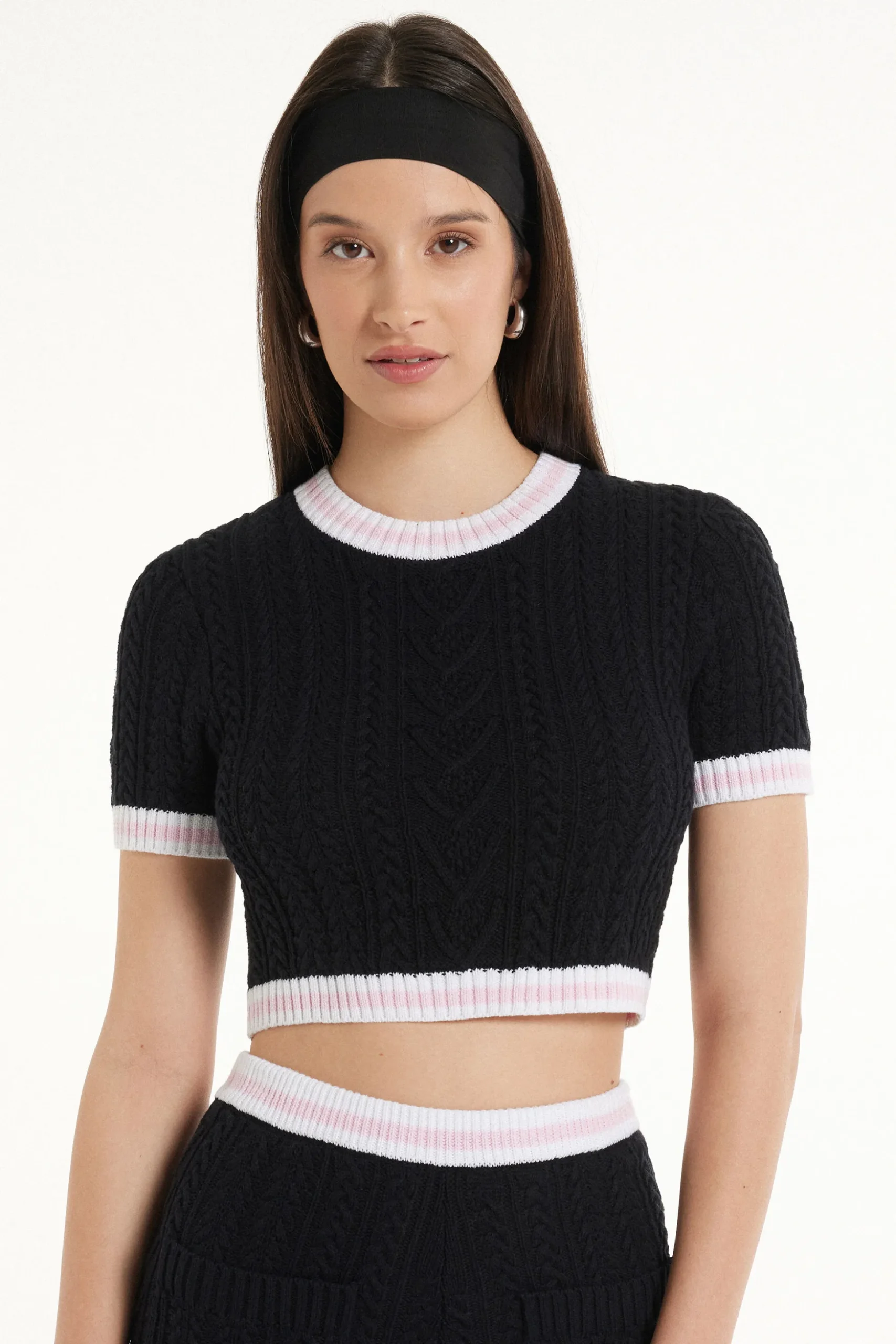 Cable Knit Fabric Short Sleeve Cropped Top - Short-Sleeved Tops - Women | Tezenis