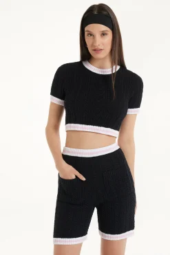 Cable Knit Fabric Short Sleeve Cropped Top - Short-Sleeved Tops - Women | Tezenis