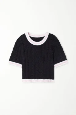 Cable Knit Fabric Short Sleeve Cropped Top - Short-Sleeved Tops - Women | Tezenis
