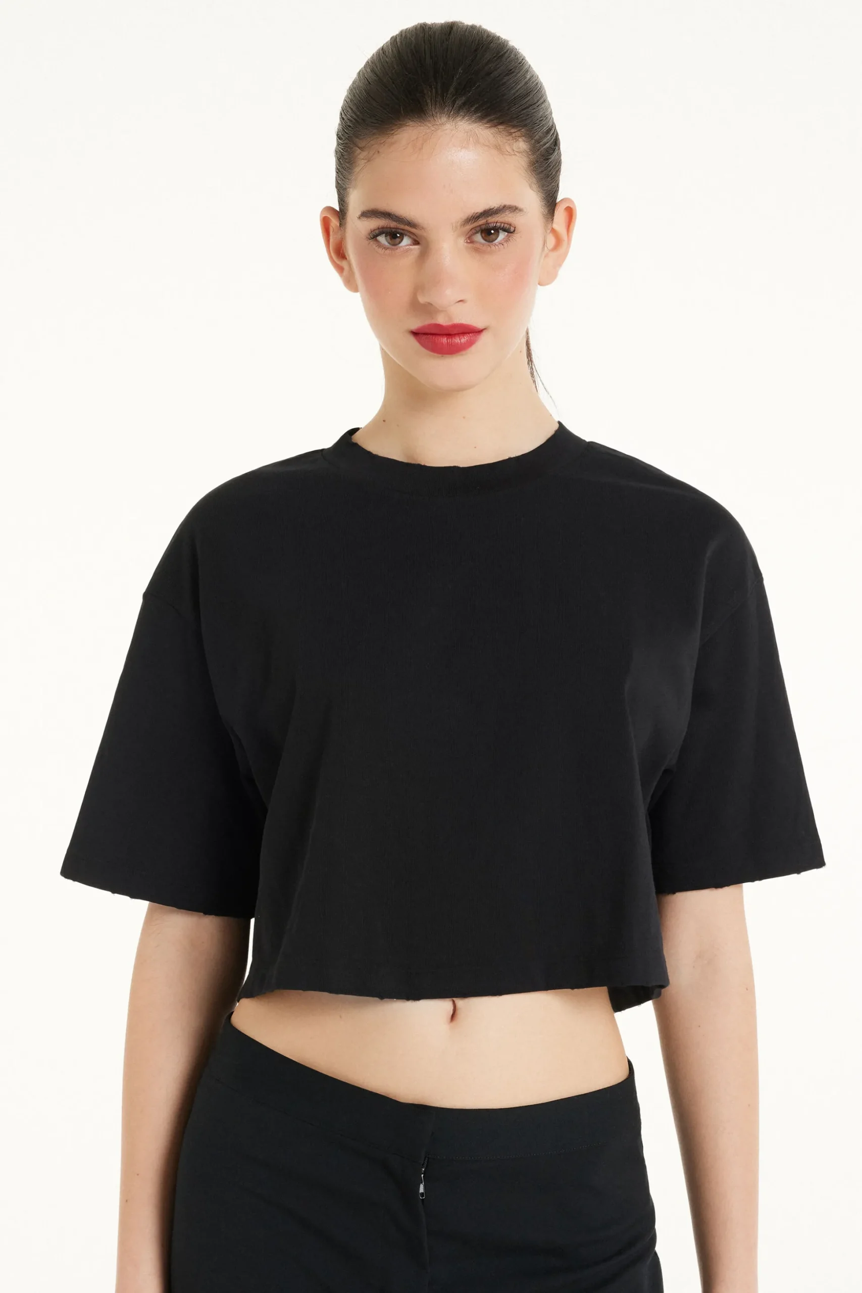 Crew Neck Cropped Cotton T-Shirt - Short-Sleeved Tops - Women | Tezenis