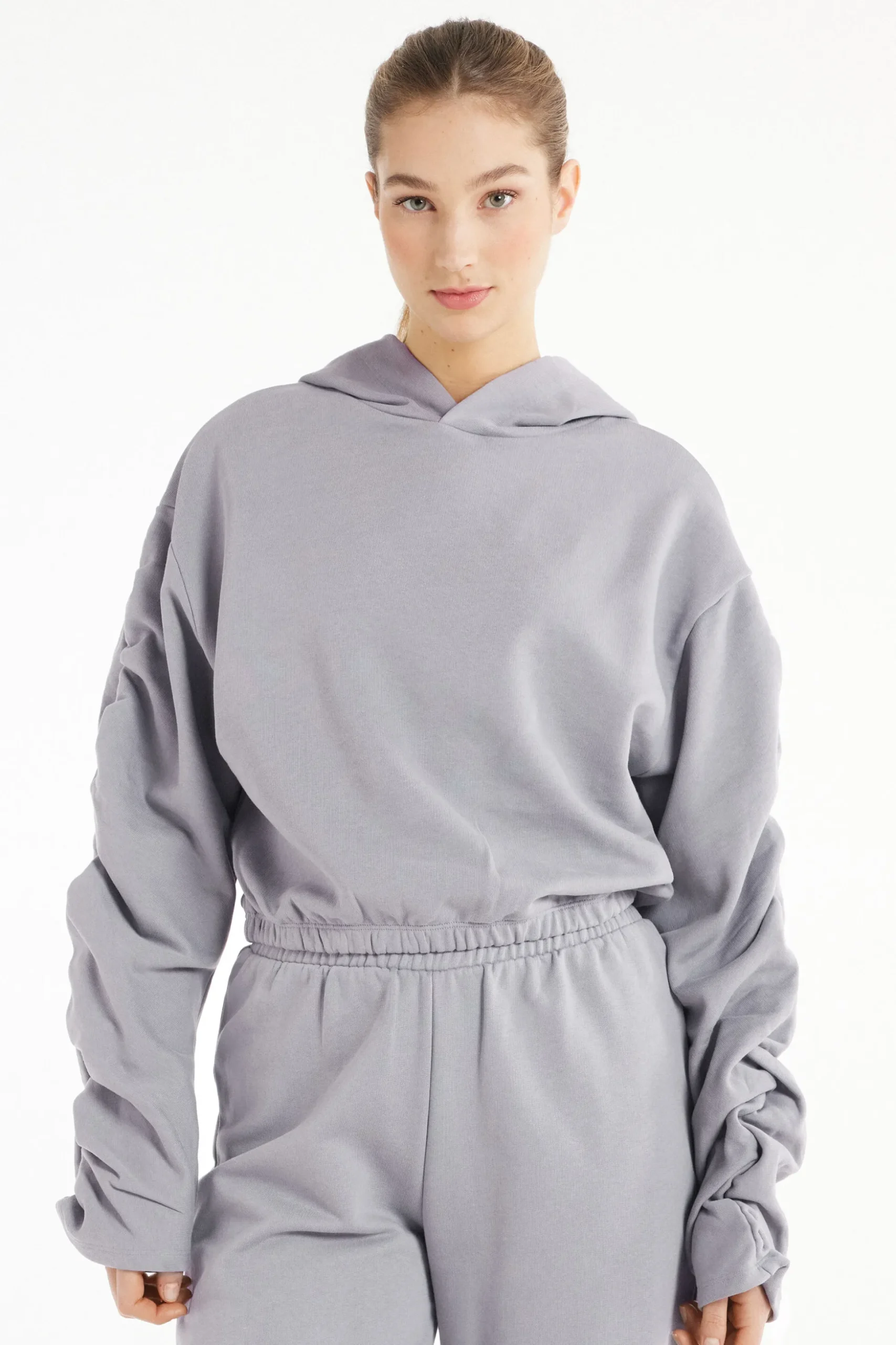 Cropped Hoodie Sweatshirt With Ruched Sleeves - Sweatshirts - Women | Tezenis