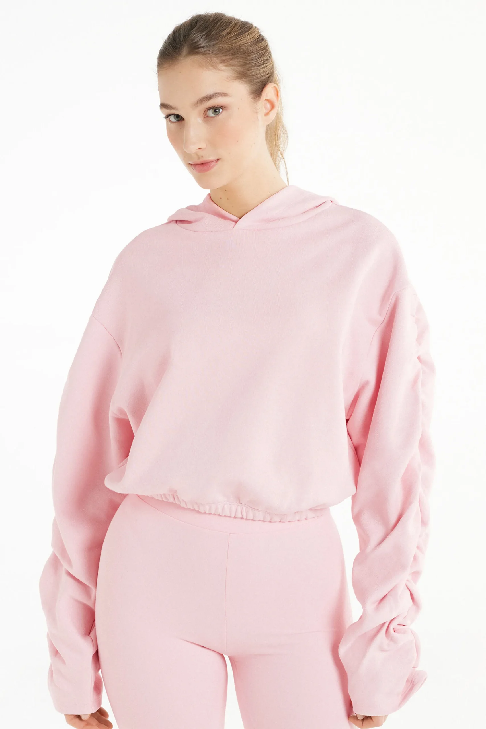 Cropped Hoodie Sweatshirt With Ruched Sleeves - Sweatshirts - Women | Tezenis