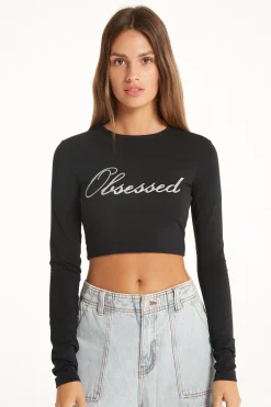 Cropped Long-Sleeved Cotton Top With Writing - Long-Sleeved Tops - Women | Tezenis