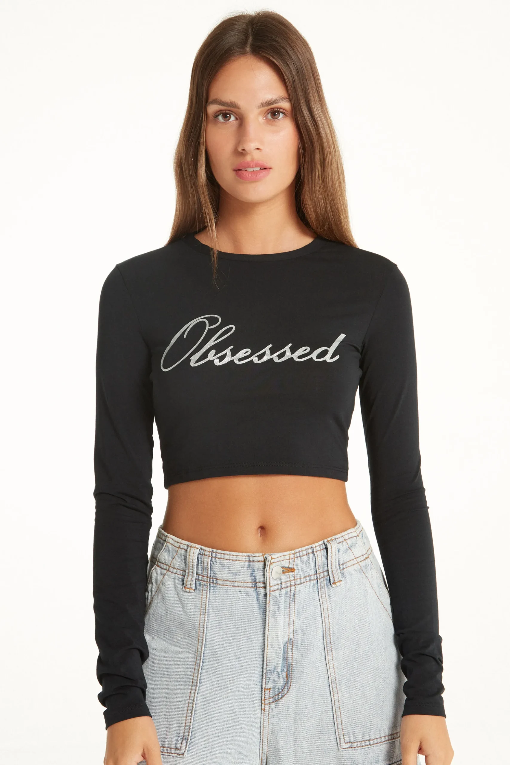 Cropped Long-Sleeved Cotton Top With Writing - Long-Sleeved Tops - Women | Tezenis