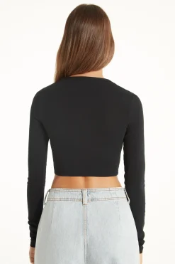 Cropped Long-Sleeved Cotton Top With Writing - Long-Sleeved Tops - Women | Tezenis