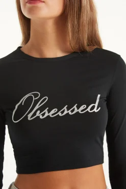 Cropped Long-Sleeved Cotton Top With Writing - Long-Sleeved Tops - Women | Tezenis