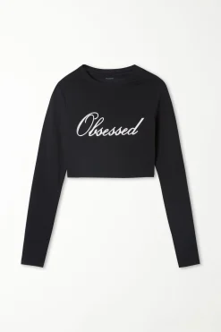 Cropped Long-Sleeved Cotton Top With Writing - Long-Sleeved Tops - Women | Tezenis