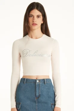 Cropped Long-Sleeved Cotton Top With Writing - Long-Sleeved Tops - Women | Tezenis