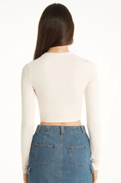 Cropped Long-Sleeved Cotton Top With Writing - Long-Sleeved Tops - Women | Tezenis