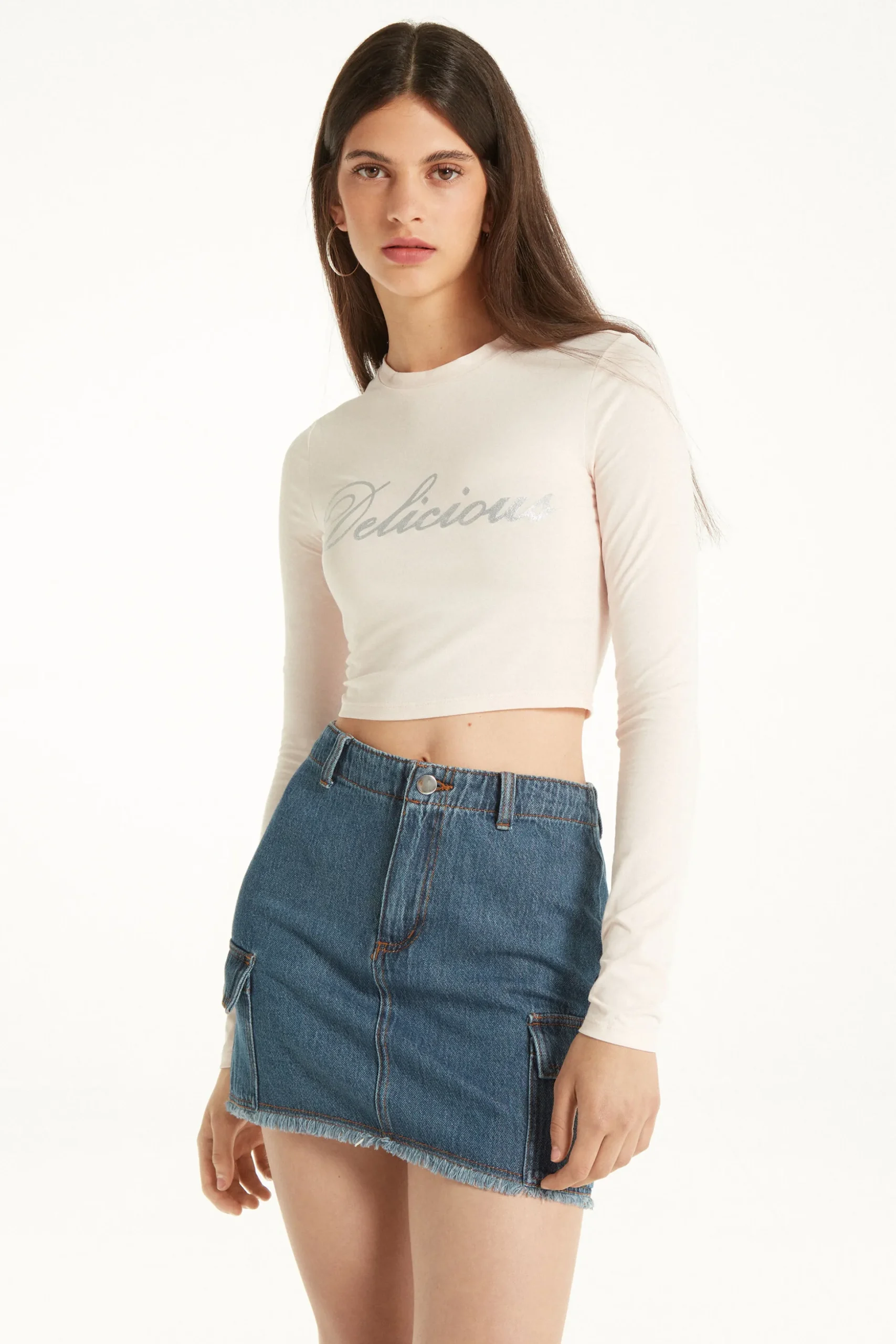 Cropped Long-Sleeved Cotton Top With Writing - Long-Sleeved Tops - Women | Tezenis