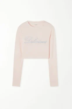 Cropped Long-Sleeved Cotton Top With Writing - Long-Sleeved Tops - Women | Tezenis
