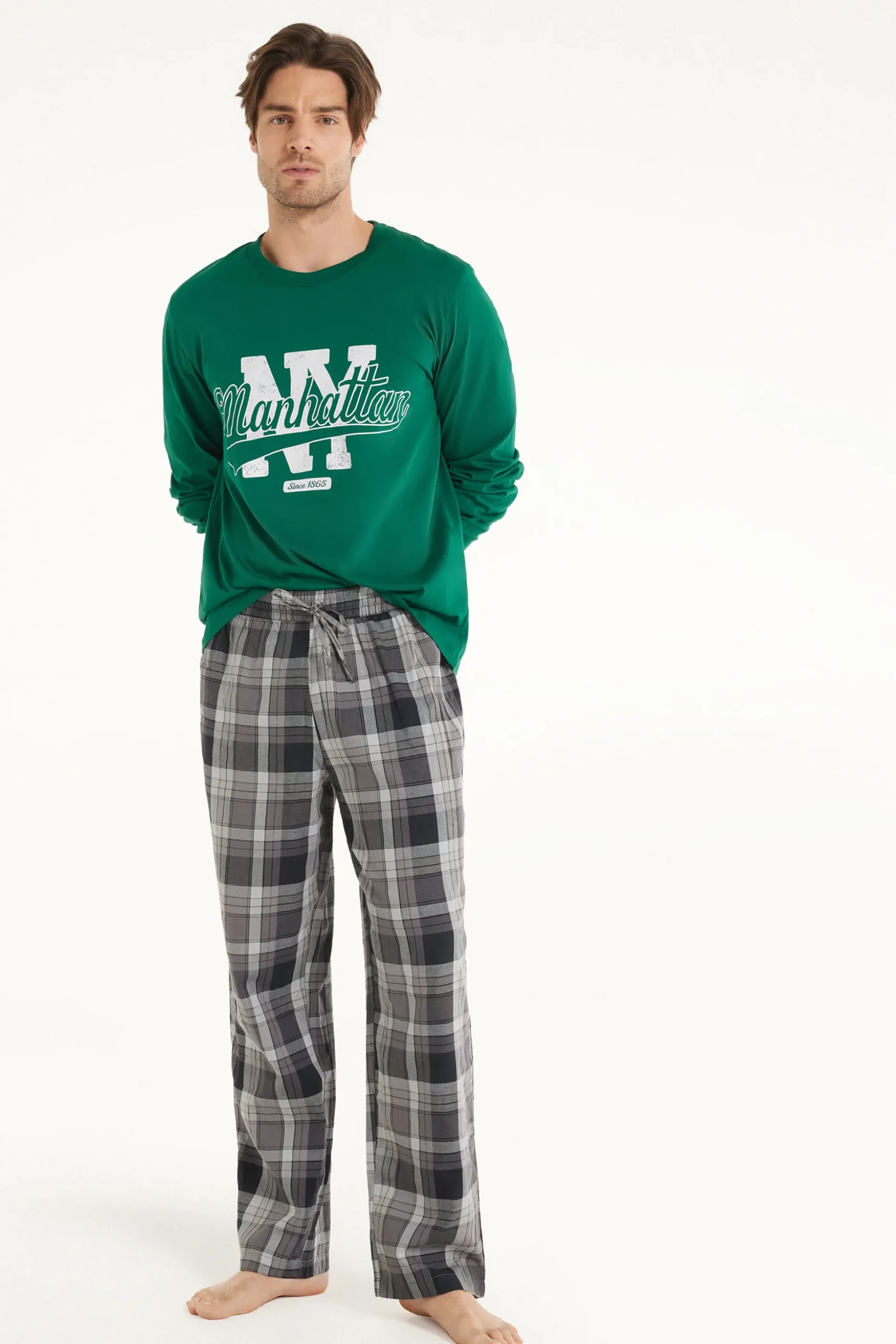 Full Length Straight Cut Cotton Cloth Pants - Long Pajamas - Men | Tezenis