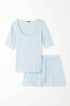 Half Sleeve Button Trim Short Viscose Pajamas - Short Pajamas - Women | Tezenis