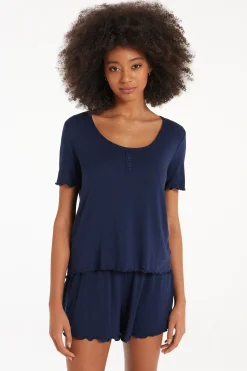 Half Sleeve Button Trim Short Viscose Pajamas - Short Pajamas - Women | Tezenis