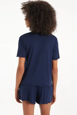 Half Sleeve Button Trim Short Viscose Pajamas - Short Pajamas - Women | Tezenis
