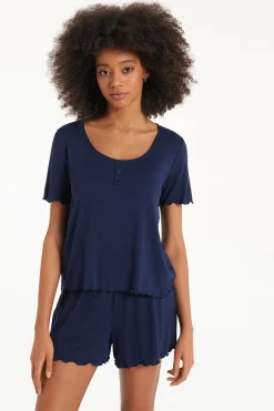 Half Sleeve Button Trim Short Viscose Pajamas - Short Pajamas - Women | Tezenis