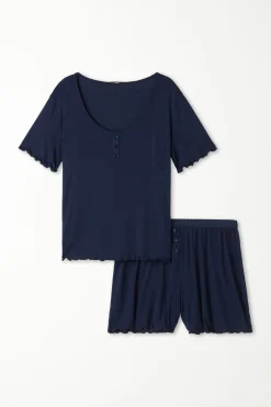 Half Sleeve Button Trim Short Viscose Pajamas - Short Pajamas - Women | Tezenis