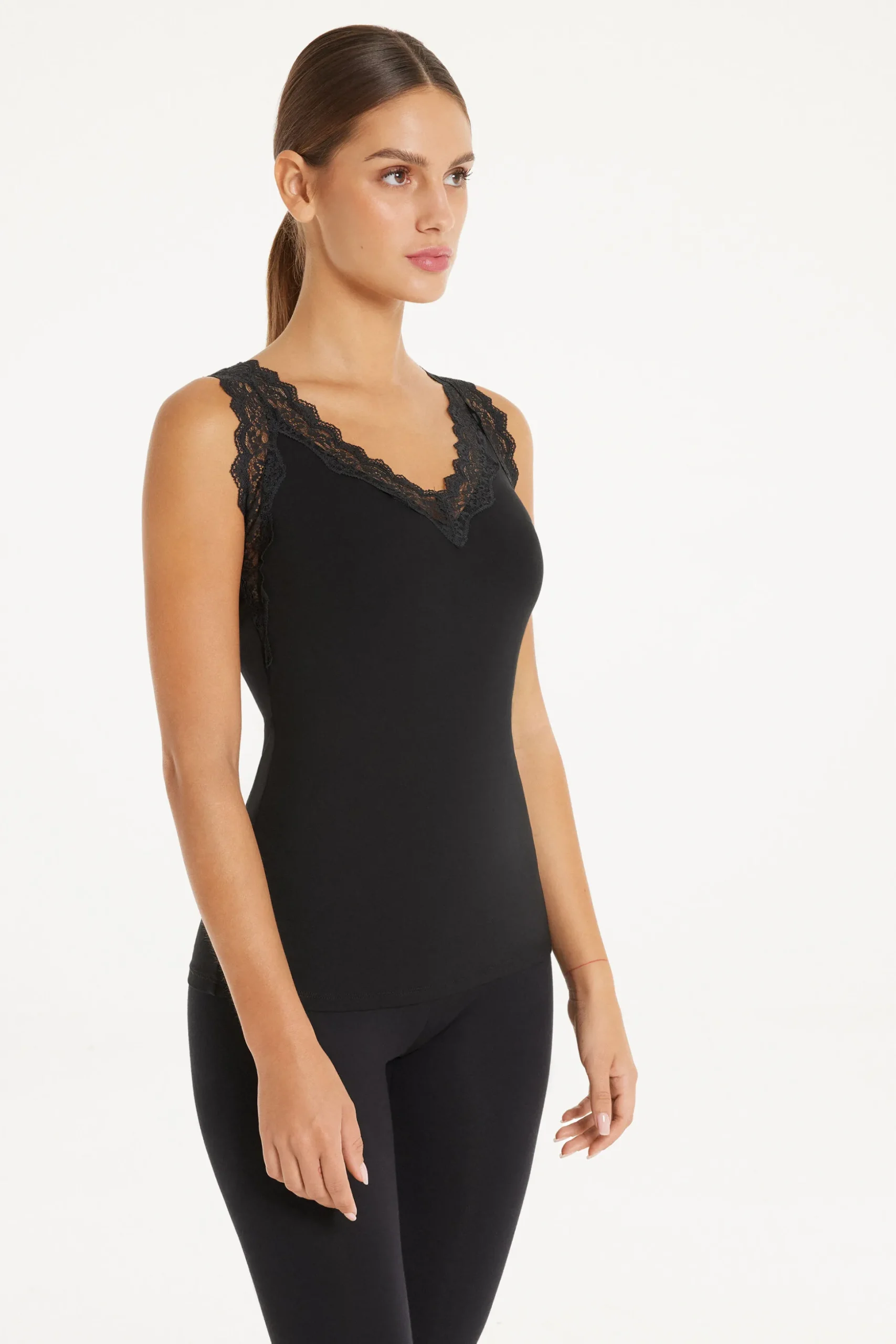 Lace Wide Strap V-Neck Viscose Camisole - Tank Tops - Women | Tezenis