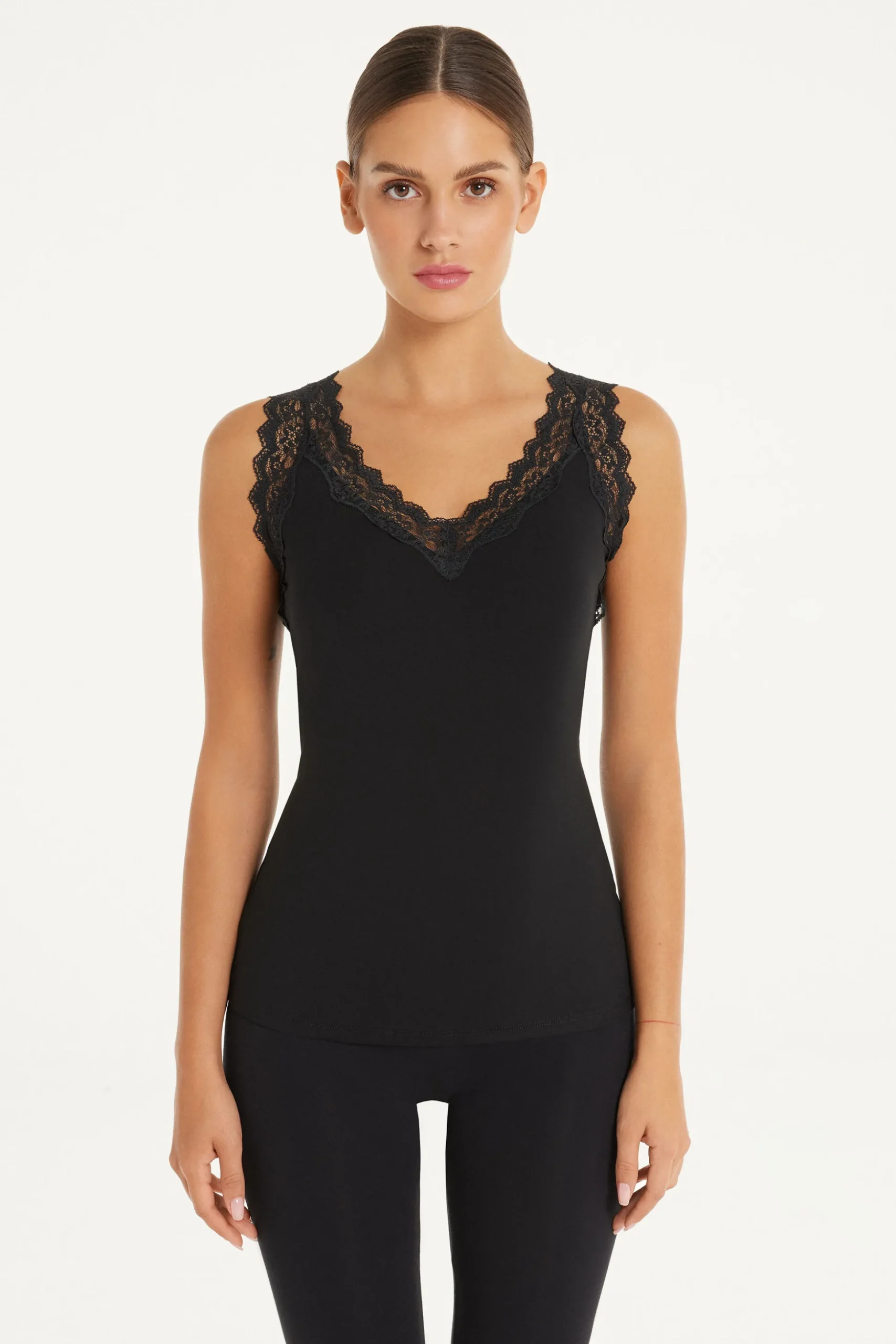 Lace Wide Strap V-Neck Viscose Camisole - Tank Tops - Women | Tezenis