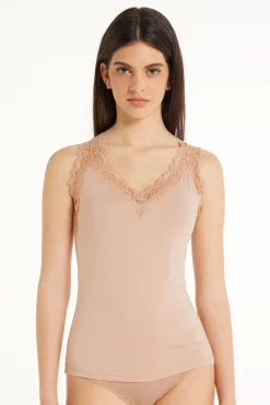 Lace Wide Strap V-Neck Viscose Camisole - Tank Tops - Women | Tezenis