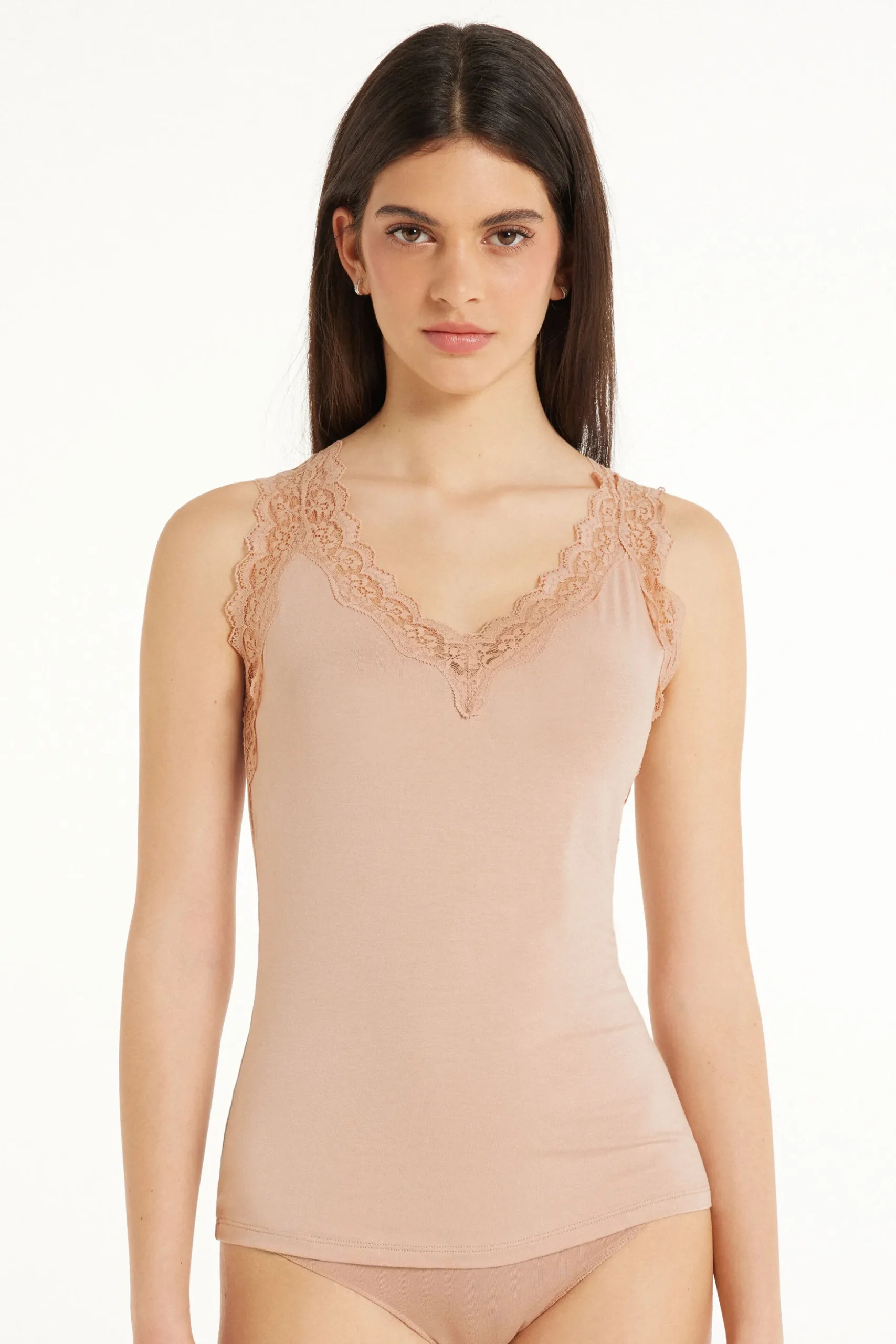 Lace Wide Strap V-Neck Viscose Camisole - Tank Tops - Women | Tezenis
