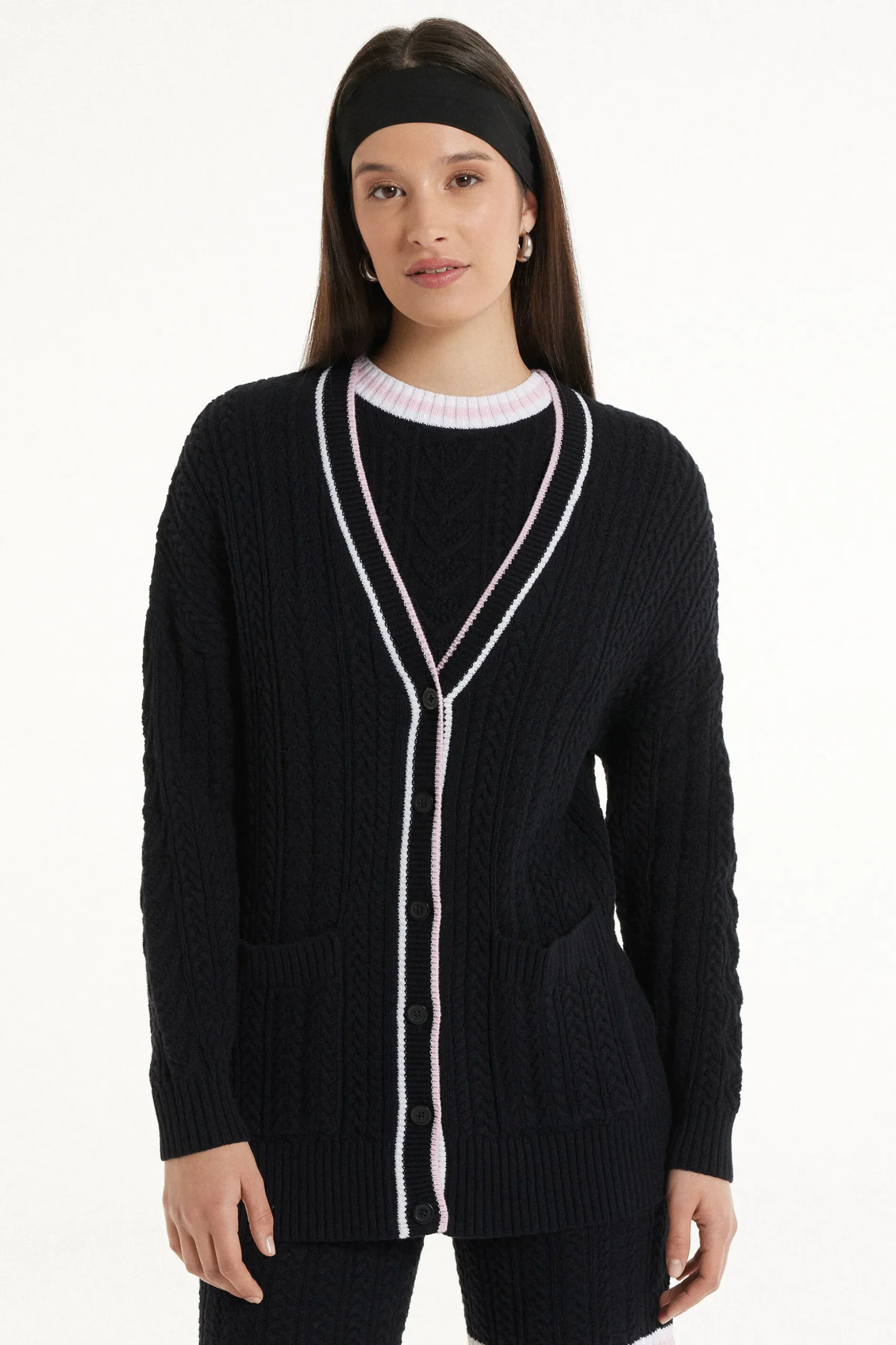 Long Sleeve Cable Knit Long Cardigan With Pockets - Cardigans And Sweaters - Women | Tezenis