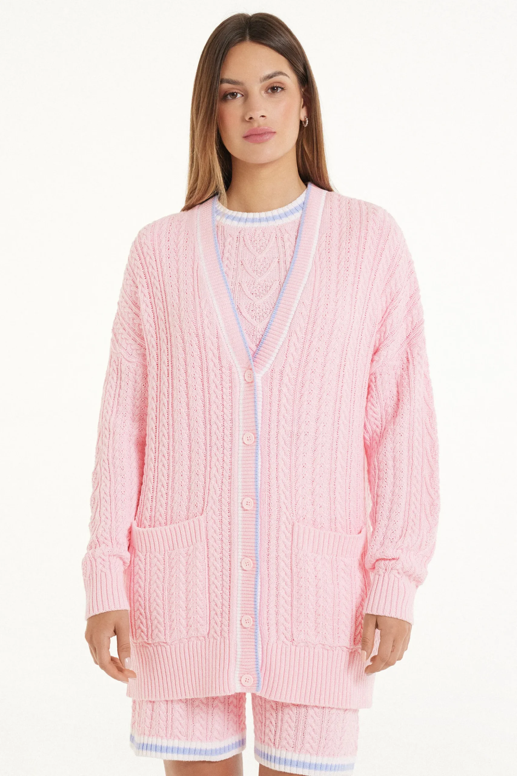 Long Sleeve Cable Knit Long Cardigan With Pockets - Cardigans And Sweaters - Women | Tezenis
