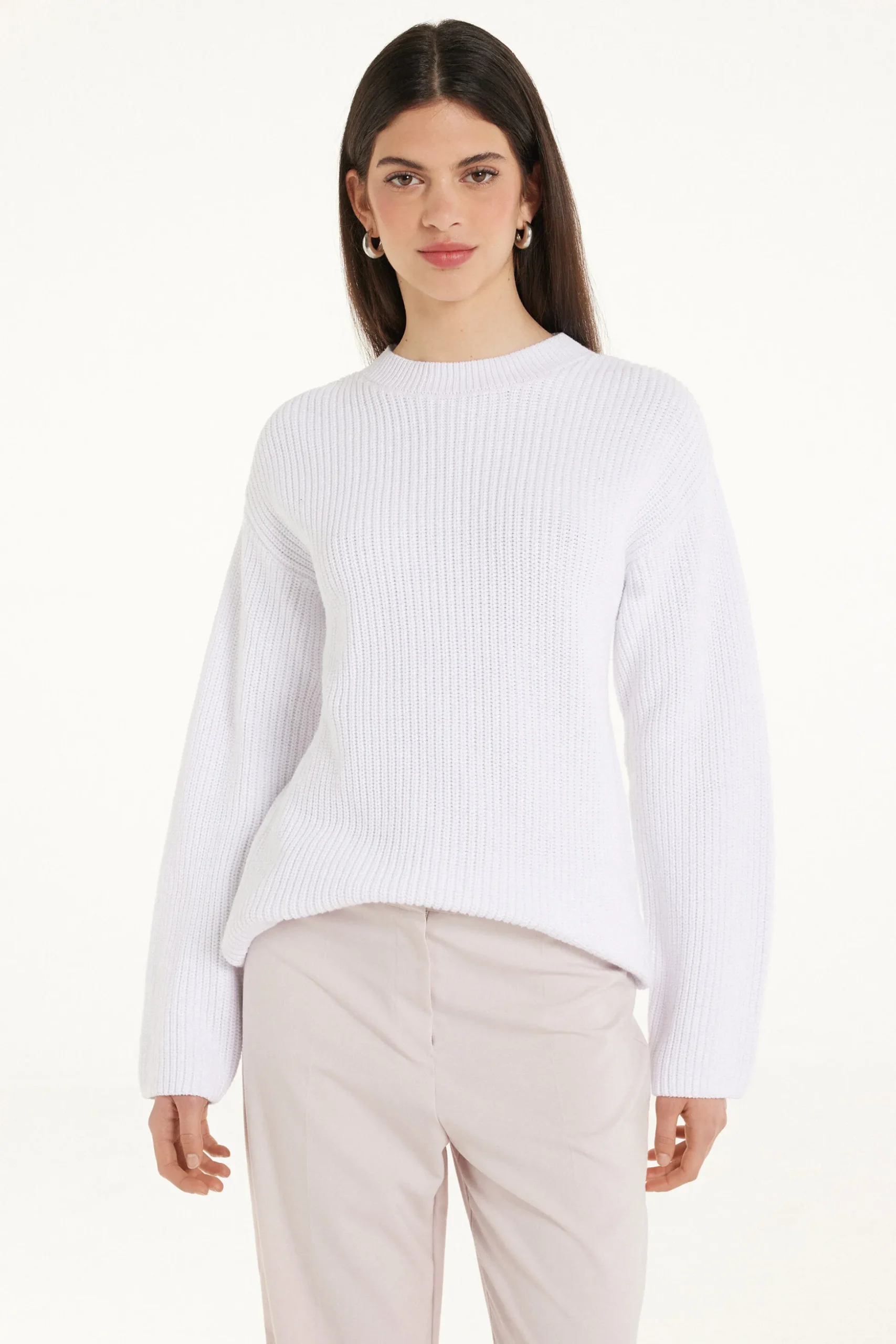 Long Sleeve Crew Neck Sweater With Drop Stitch Trim - Long-Sleeved Tops - Women | Tezenis
