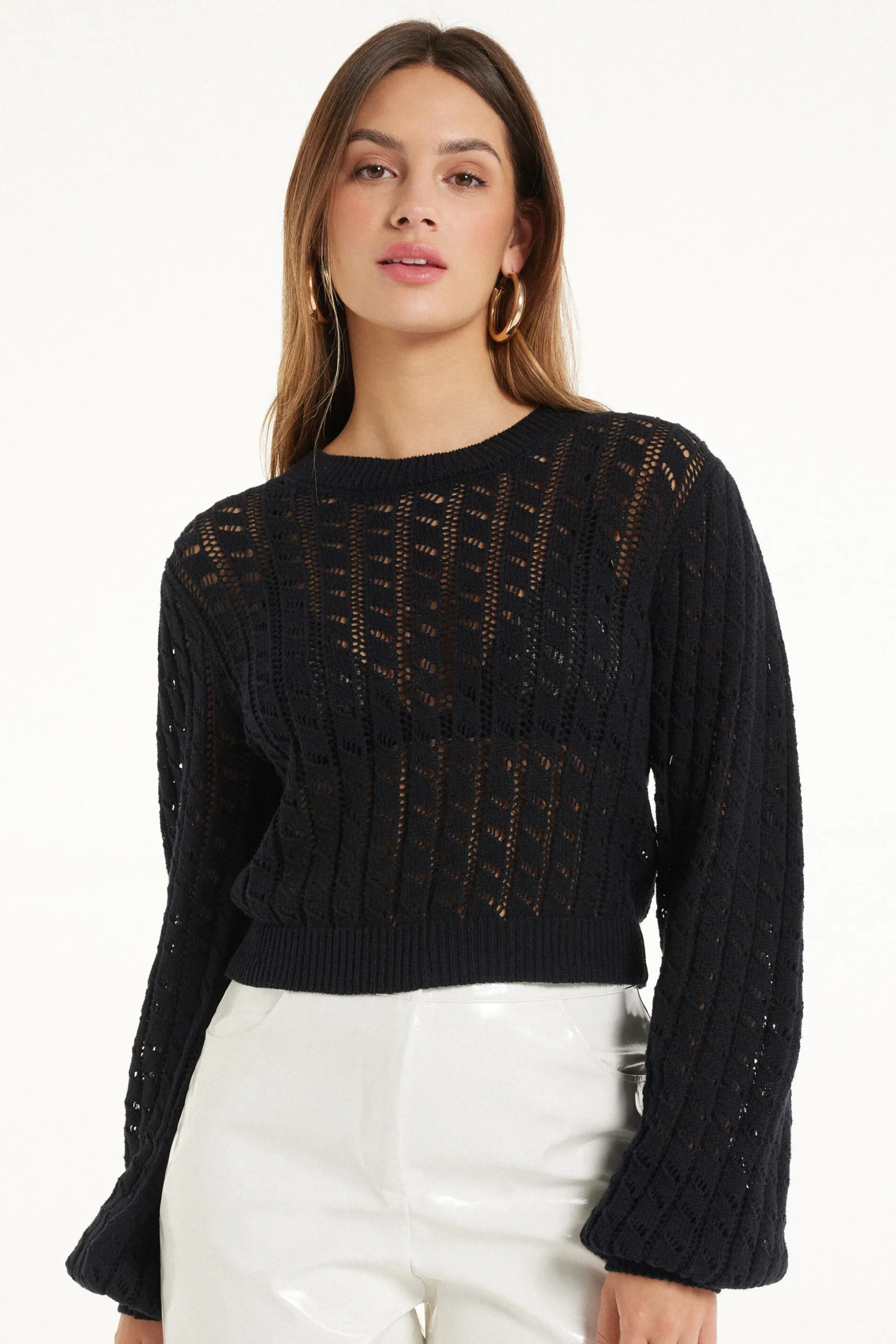 Long Sleeve Cropped Open Knit Sweater - Long-Sleeved Tops - Women | Tezenis