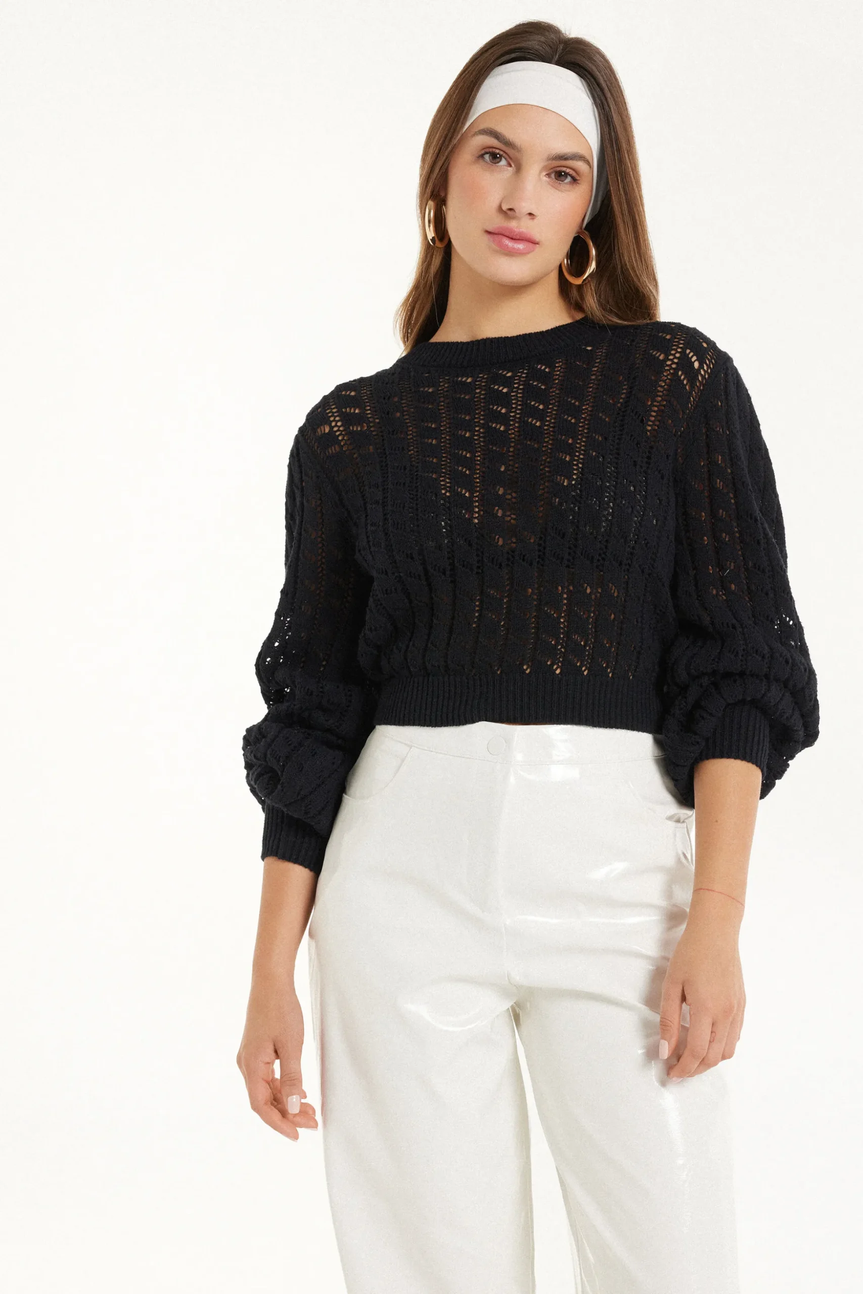 Long Sleeve Cropped Open Knit Sweater - Long-Sleeved Tops - Women | Tezenis