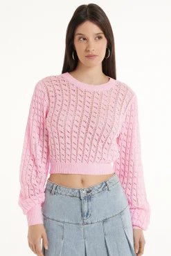 Long Sleeve Cropped Open Knit Sweater - Long-Sleeved Tops - Women | Tezenis