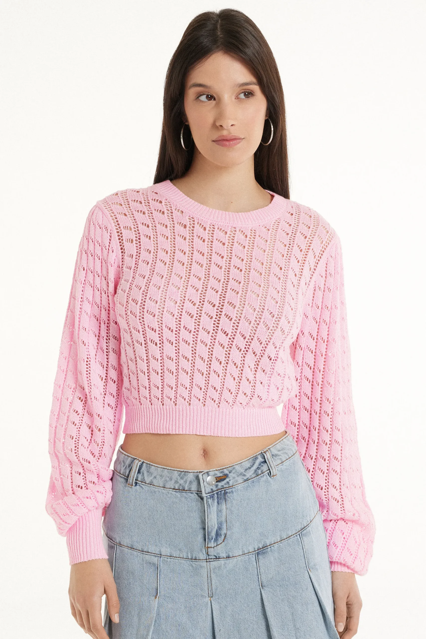 Long Sleeve Cropped Open Knit Sweater - Long-Sleeved Tops - Women | Tezenis
