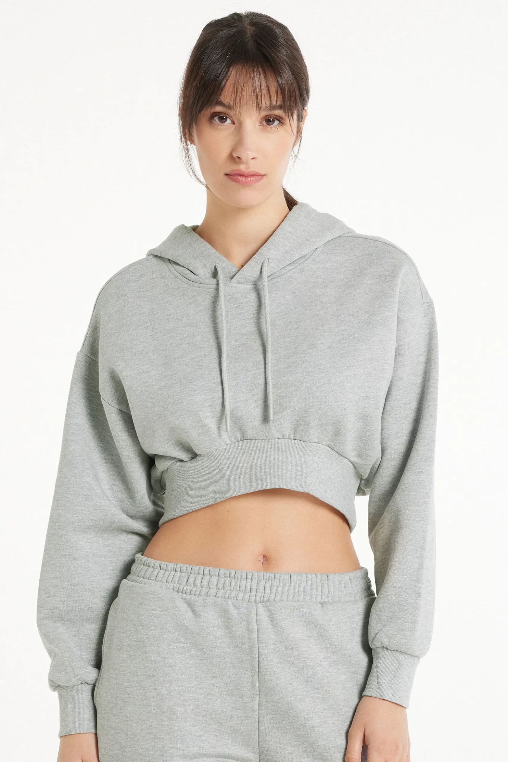 Long Sleeve Drop Shoulder Heavyweight Cropped Hoodie Sweatshirt - Tracksuits - Women | Tezenis