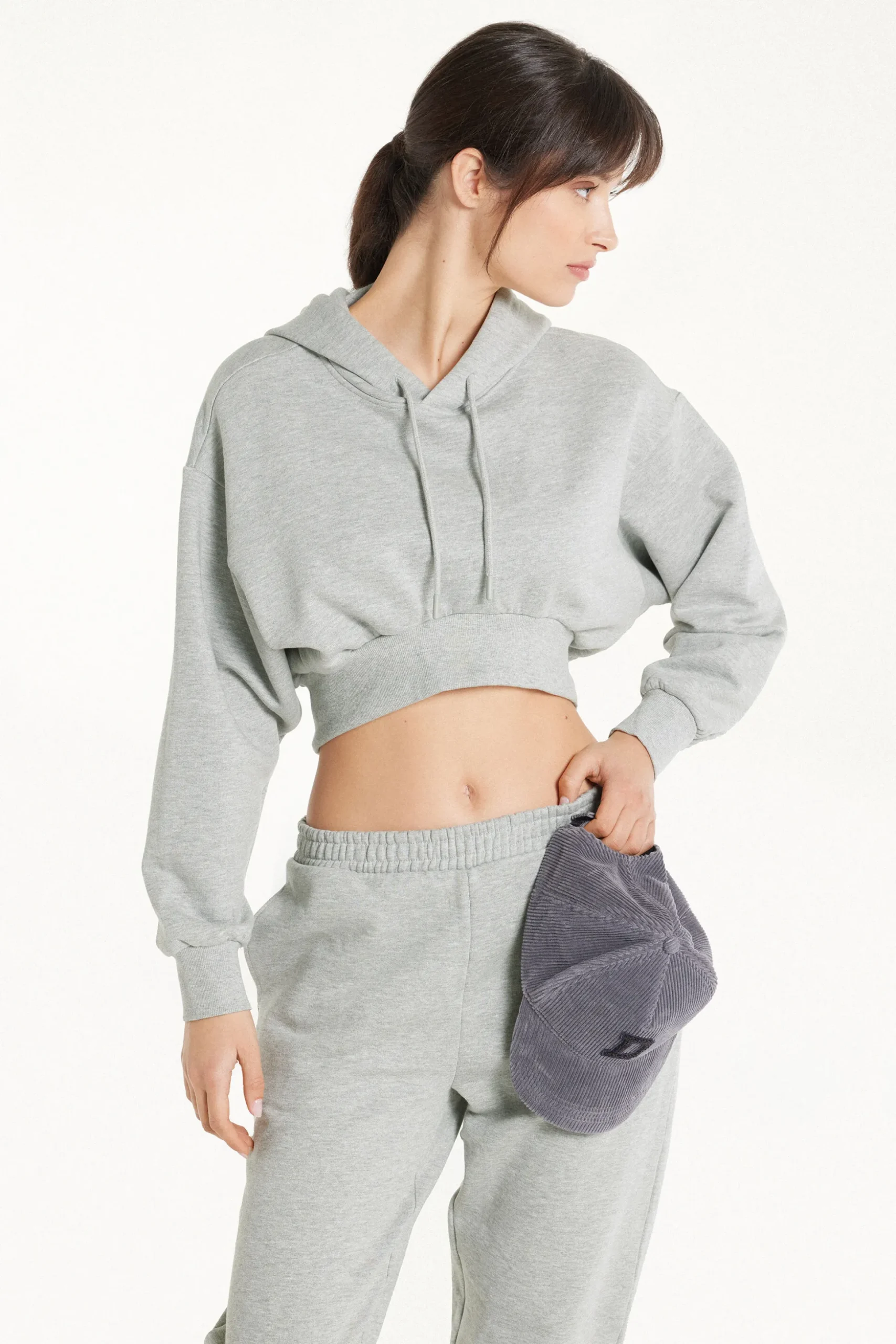 Long Sleeve Drop Shoulder Heavyweight Cropped Hoodie Sweatshirt - Tracksuits - Women | Tezenis