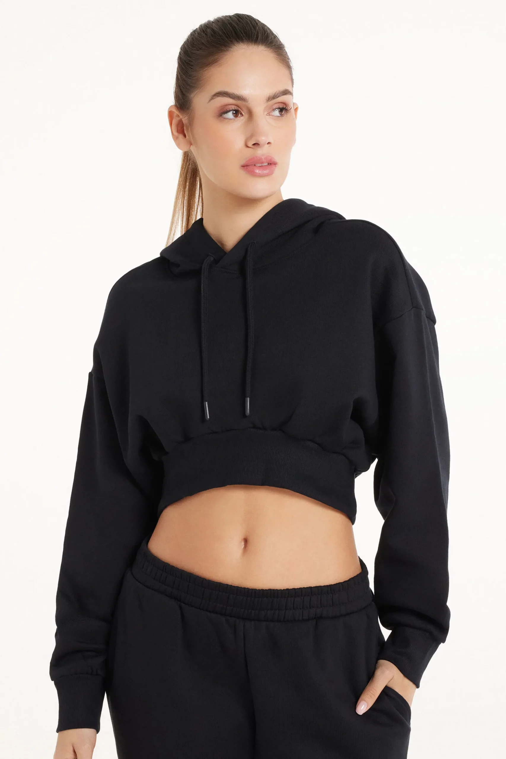 Long Sleeve Drop Shoulder Heavyweight Cropped Hoodie Sweatshirt - Tracksuits - Women | Tezenis