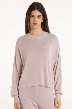 Long Sleeve Dropped Shoulder Coated Fabric Crew Neck Sweater - Long-Sleeved Tops - Women | Tezenis