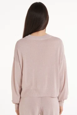 Long Sleeve Dropped Shoulder Coated Fabric Crew Neck Sweater - Long-Sleeved Tops - Women | Tezenis