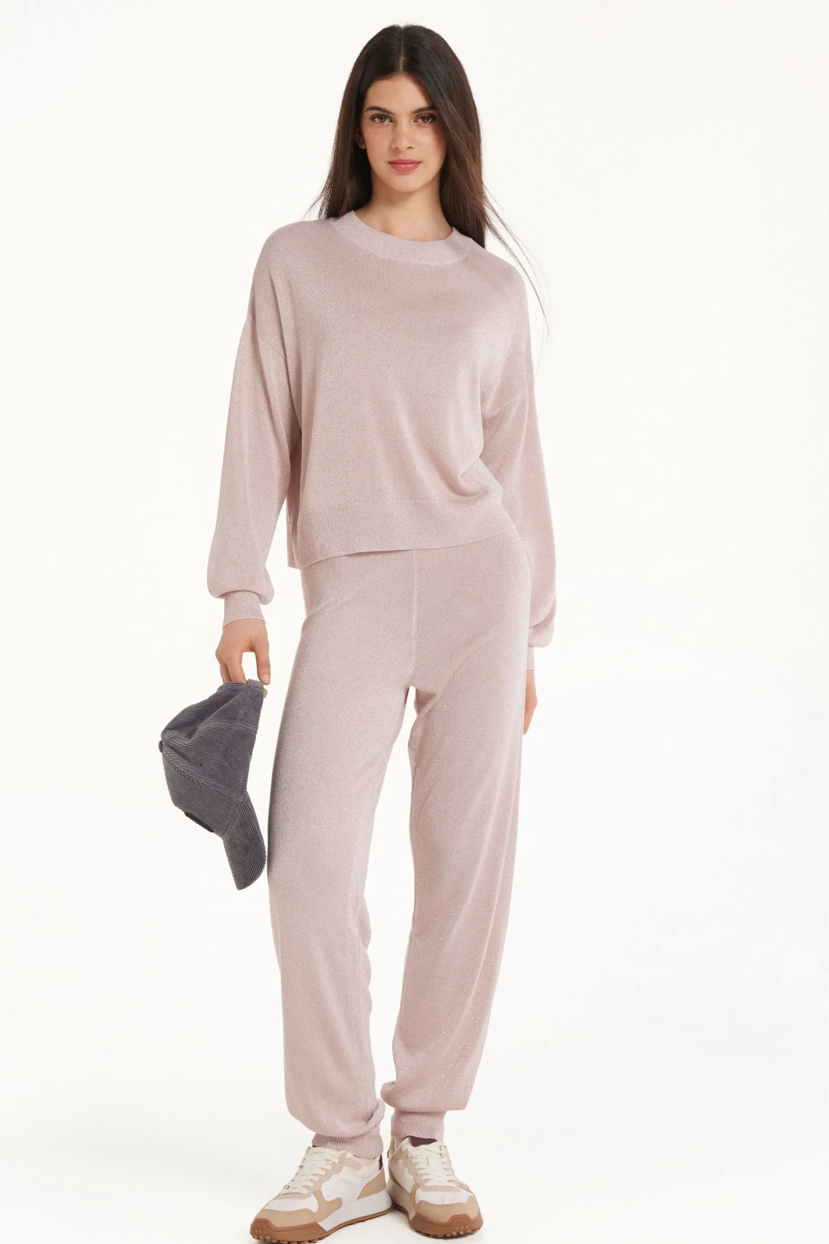 Long Sleeve Dropped Shoulder Coated Fabric Crew Neck Sweater - Long-Sleeved Tops - Women | Tezenis