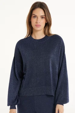 Long Sleeve Dropped Shoulder Coated Fabric Crew Neck Sweater - Long-Sleeved Tops - Women | Tezenis