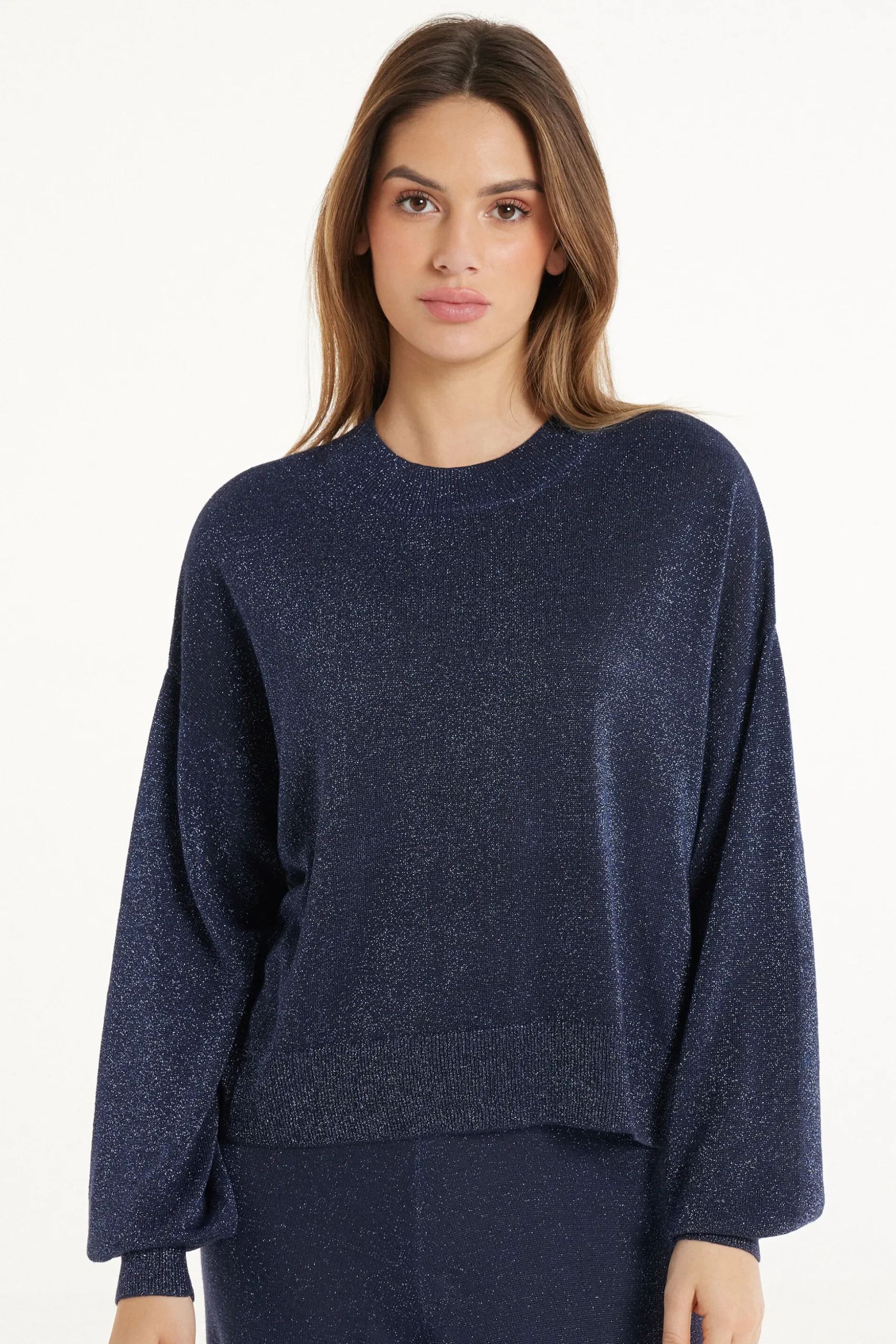 Long Sleeve Dropped Shoulder Coated Fabric Crew Neck Sweater - Long-Sleeved Tops - Women | Tezenis