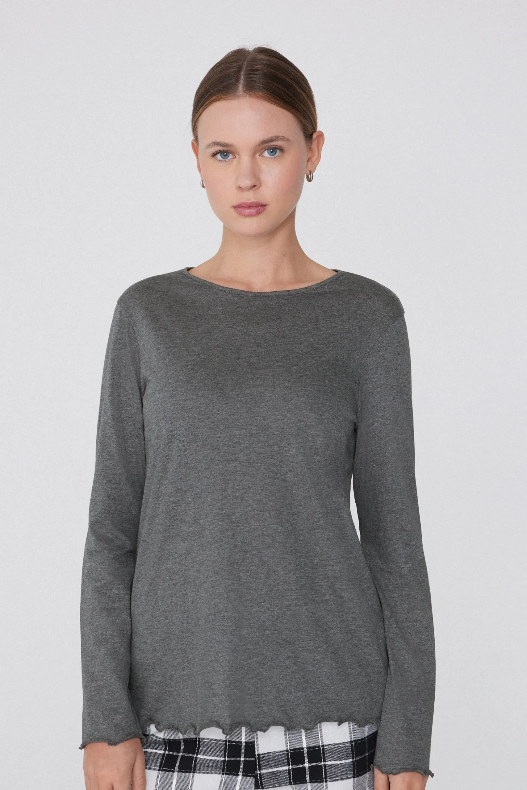 Long Sleeve Lettuce Leaf Stitch Cotton Top - Pajama Sets - Women | Tezenis